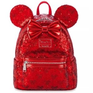 Disney Parks Loungefly Christmas Red Sequin Holiday Backpack Minnie Mouse